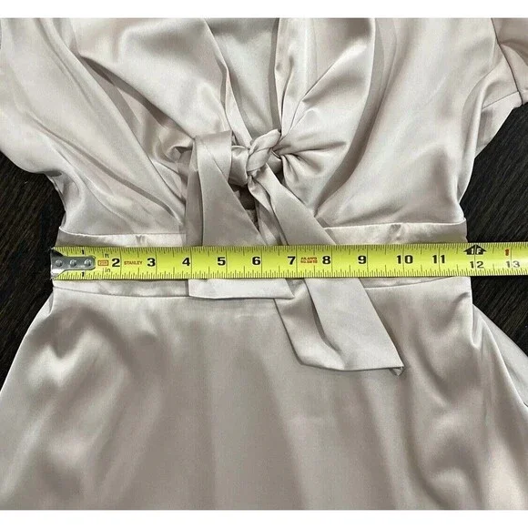 Baltic Born Poppy Satin Midi Dress XS Knot Front Flutter Sleeve Champagne Tie - Picture 10 of 11